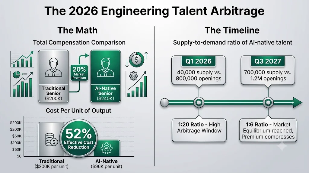 The 2026 Engineering Talent Arbitrage — the math: total compensation comparison shows traditional senior at $200K vs AI-native senior at $240K (20% market premium) — but cost per unit of output drops from $200K (traditional) to $96K (AI-native), a 52% effective cost reduction. The timeline: Q1 2026 supply-to-demand ratio is 40,000 AI-native engineers vs 800,000 openings (1:20 ratio — high arbitrage window). By Q3 2027 the ratio reaches 700,000 supply vs 1.2 million openings (1:6 ratio — market equilibrium, premium compresses)