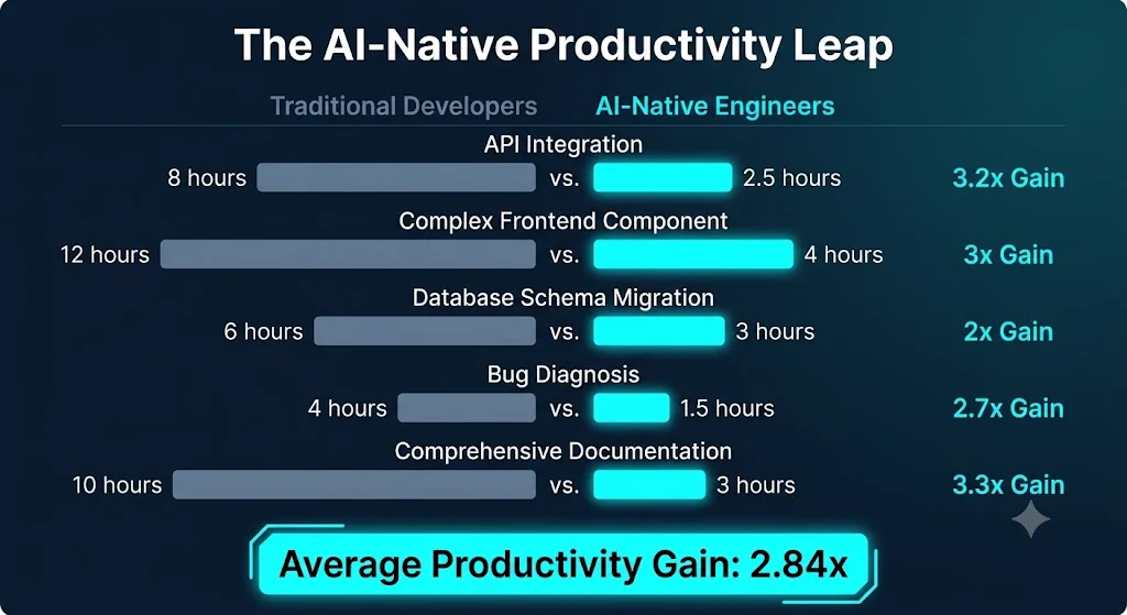 The AI-Native productivity leap — measured across 5 representative engineering tasks. Traditional developers vs AI-native engineers: API integration 8 vs 2.5 hours (3.2x gain), complex frontend component 12 vs 4 hours (3x), database schema migration 6 vs 3 hours (2x), bug diagnosis 4 vs 1.5 hours (2.7x), comprehensive documentation 10 vs 3 hours (3.3x). Average productivity gain across the basket: 2.84x