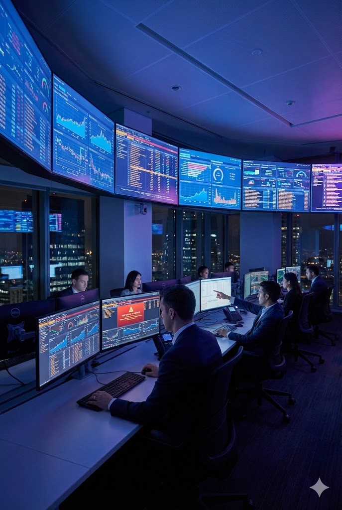 Analysts analyzing data feeds from Real-Time Analytics feeds