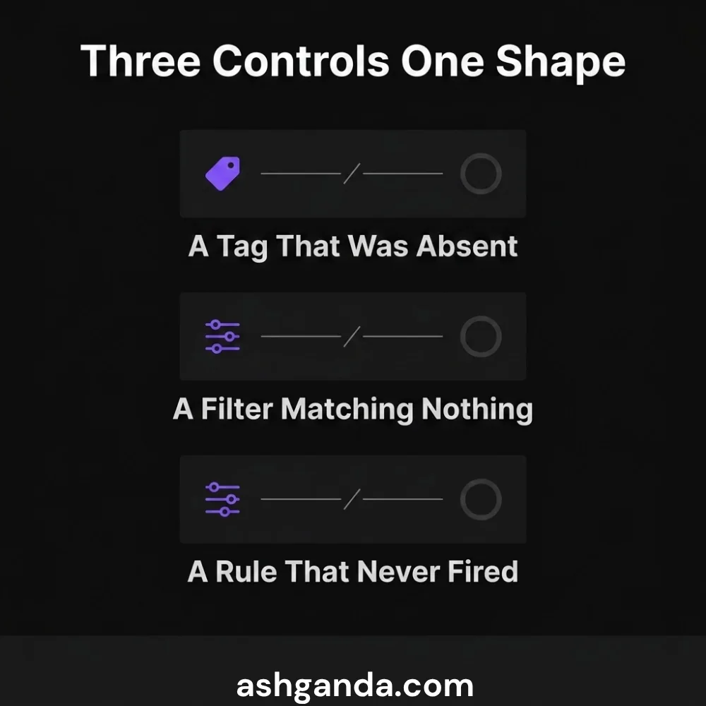 Three controls, one shape: a tag that was absent, a filter matching nothing, a rule that never fired